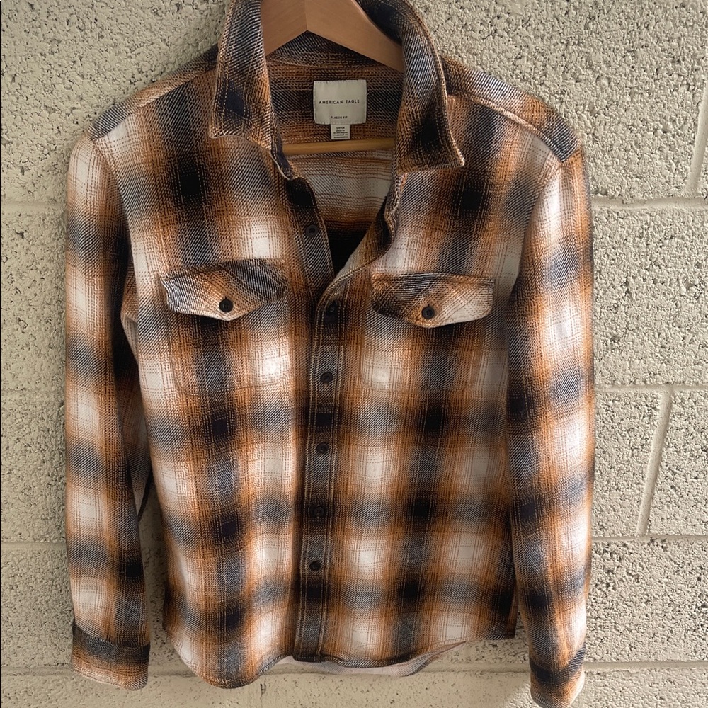 American Eagle Outfitters Brown and Black Plaid Button-Up Shirt